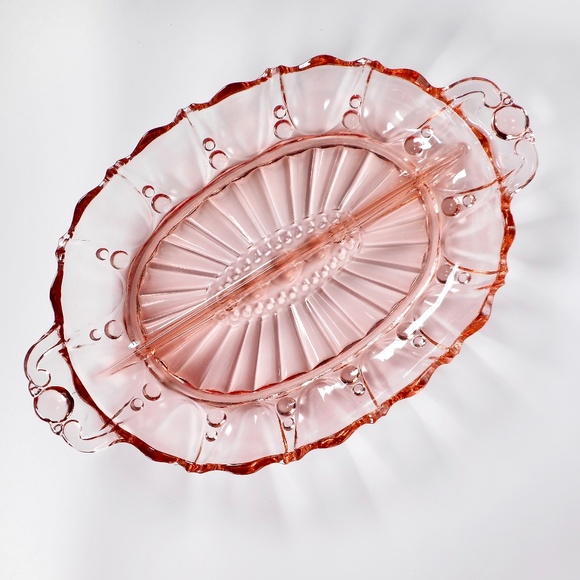 VTG Pink Depression Glass Oval Divided Candy Relish Dish 12" Long Oyster Pearl - Picture 6 of 10